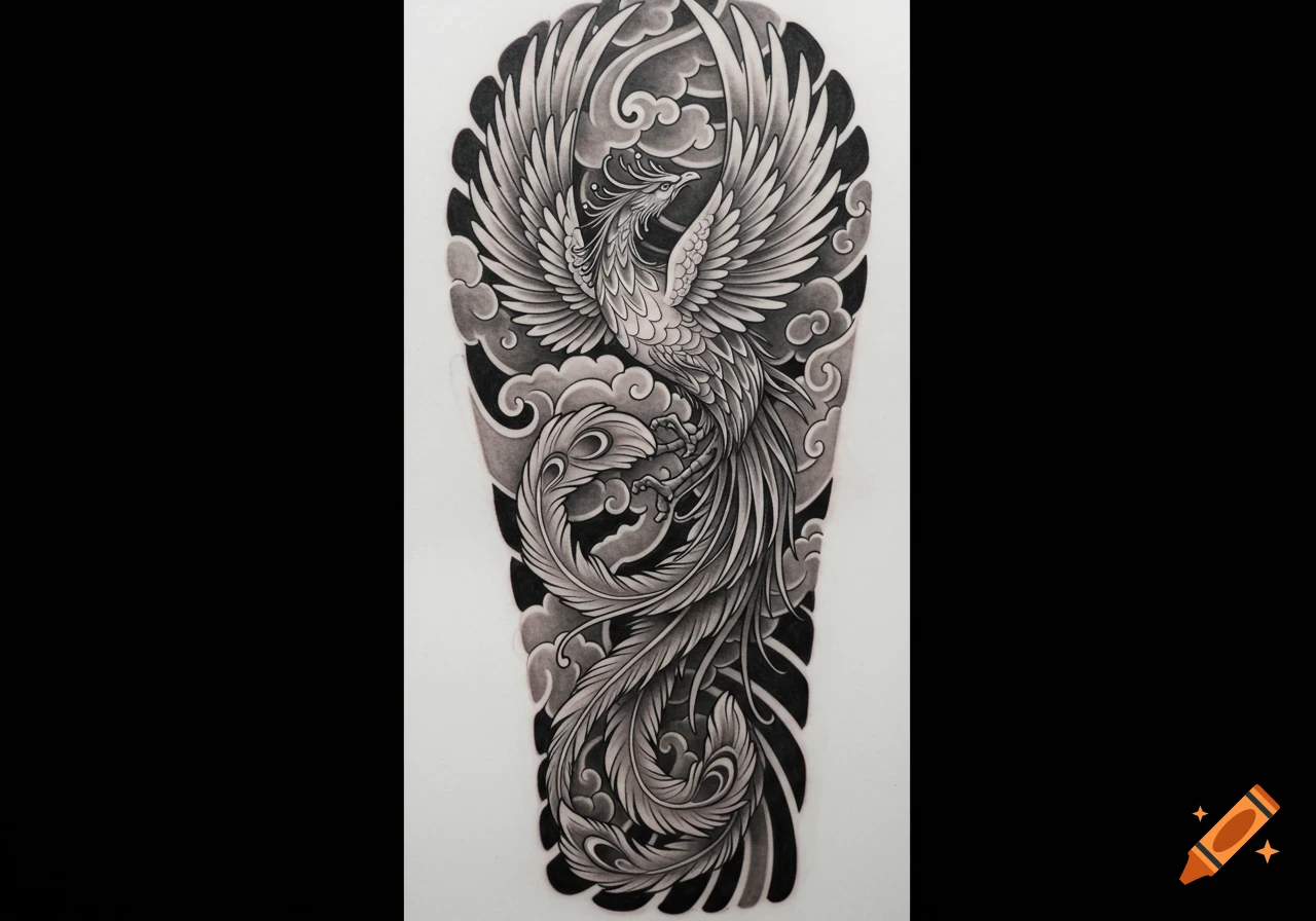 Detailed black and grey Japanese style tattoo design of a phoenix with outstretched wings and elaborate tail feathers amidst clouds.