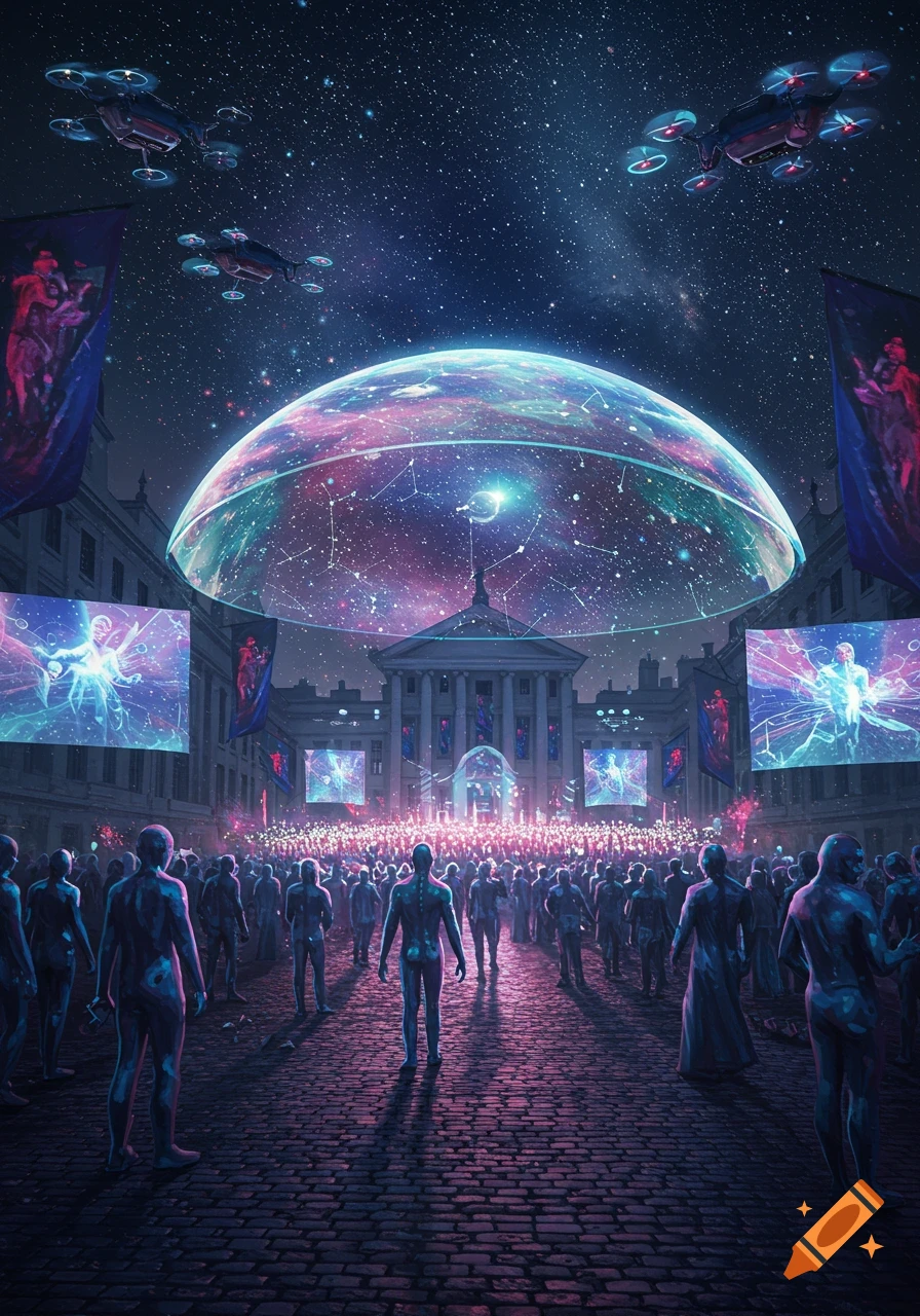 A futuristic night rally with a vast crowd of figures facing a building, under a cosmic dome and starry sky with flying drones.