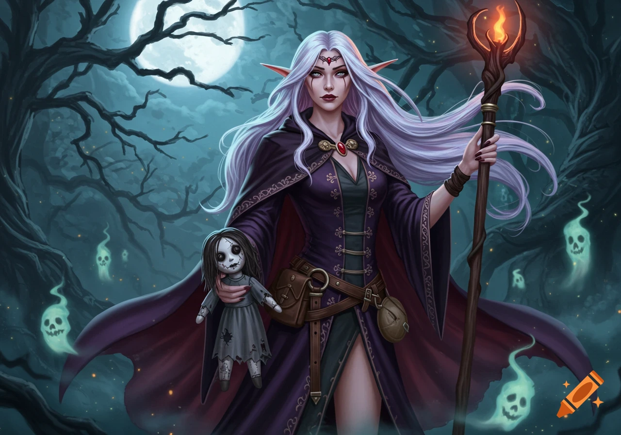 A dark fantasy digital painting of an elf warlock with purple hair, holding a creepy doll and a flaming staff in a spooky forest under a full moon with ghosts.