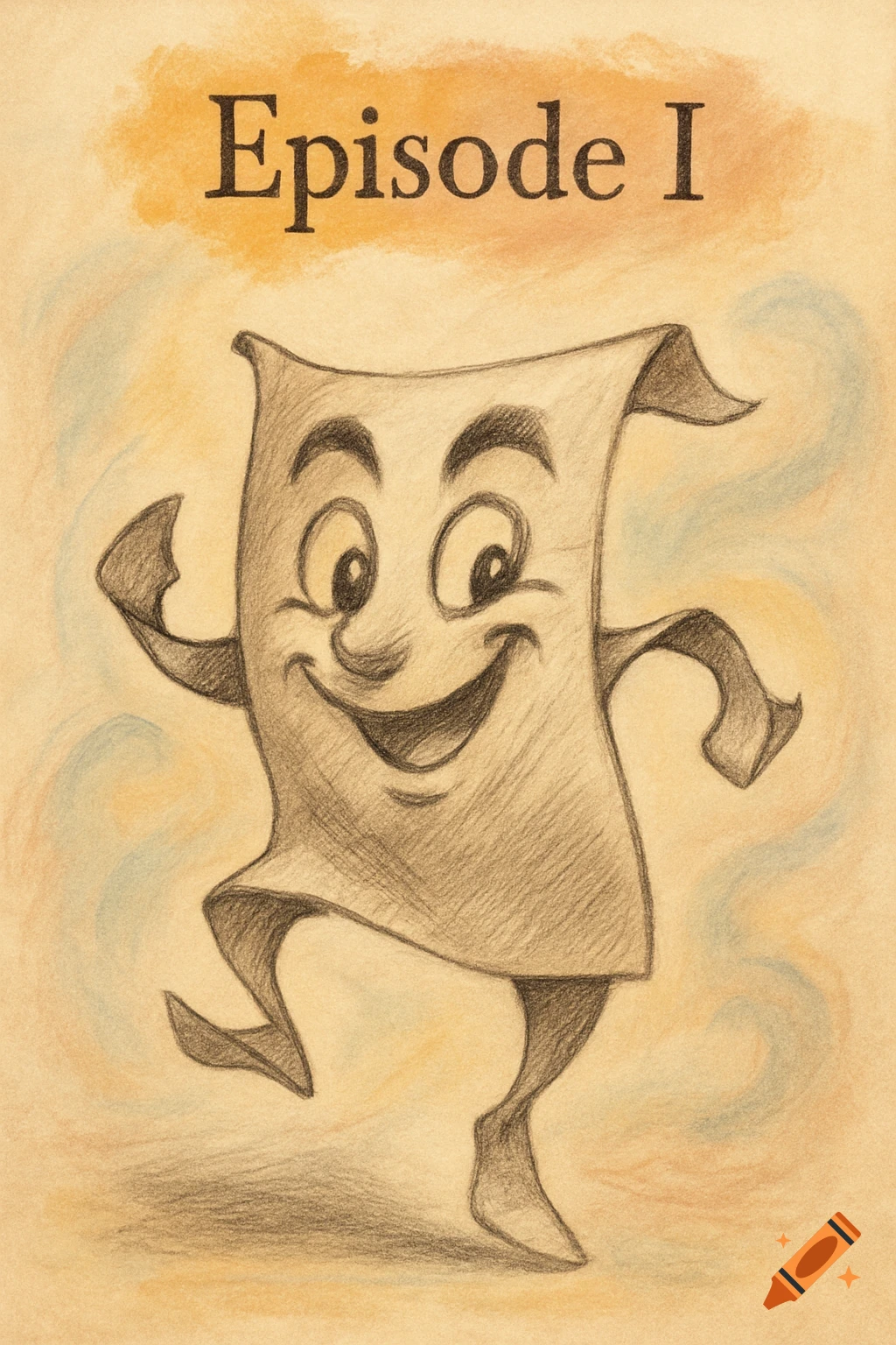 A pencil drawing of an anthropomorphic piece of paper with a happy face, arms, and legs, dancing. "Episode I" is written above it.