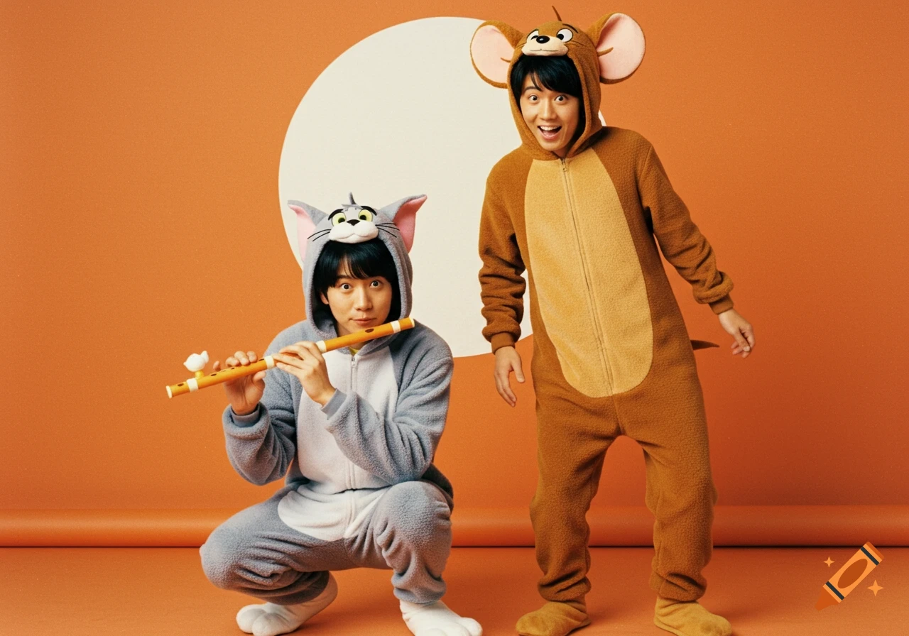 Two men in Tom and Jerry onesies against an orange and white background. One crouches playing a flute, the other stands smiling.