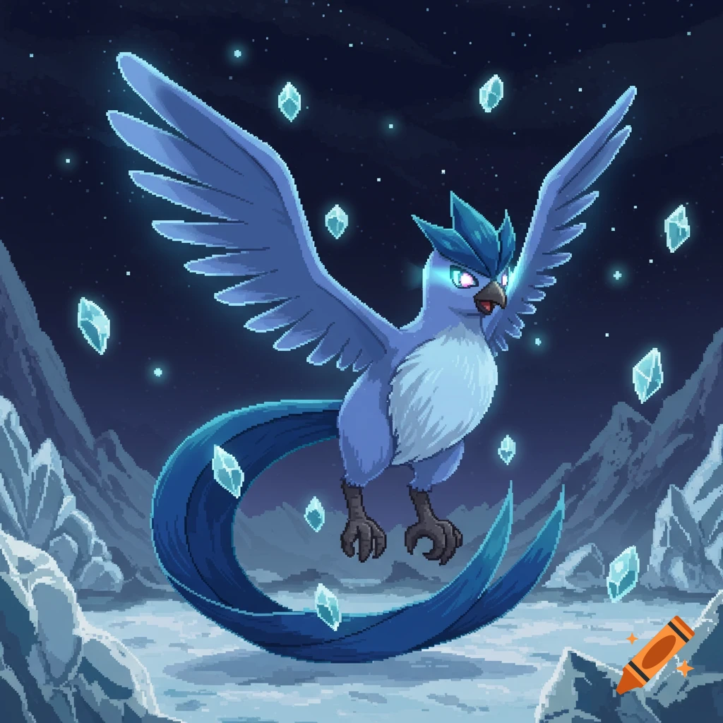 Pixel art sprite of Galarian Articuno, a blue bird Pokémon, flying among glowing ice crystals in a snowy night scene.