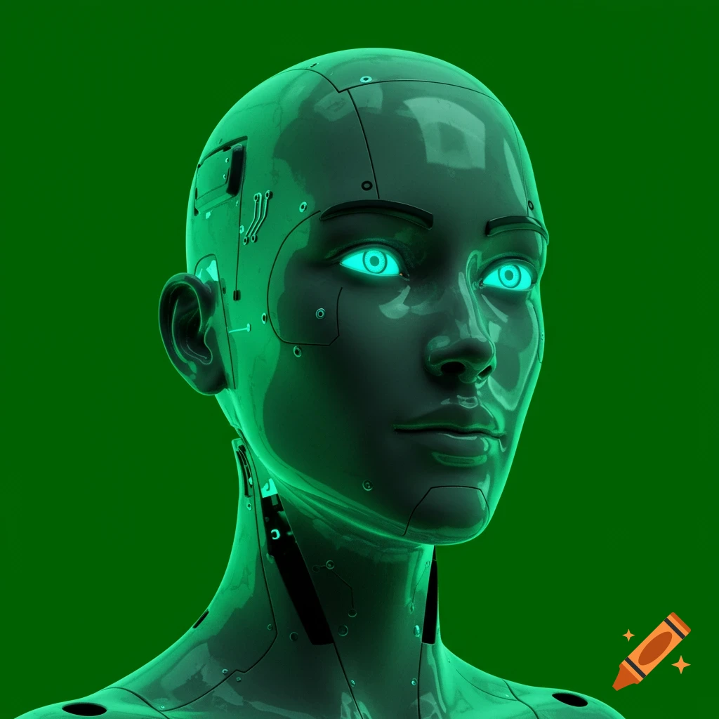 A futuristic metallic green robot with glowing blue eyes and visible circuits against a solid green background.