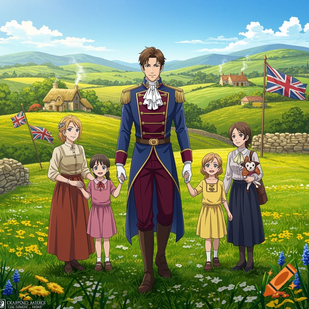 Anime family with a man in uniform, two women, and two girls holding hands in a green countryside field with British flags.