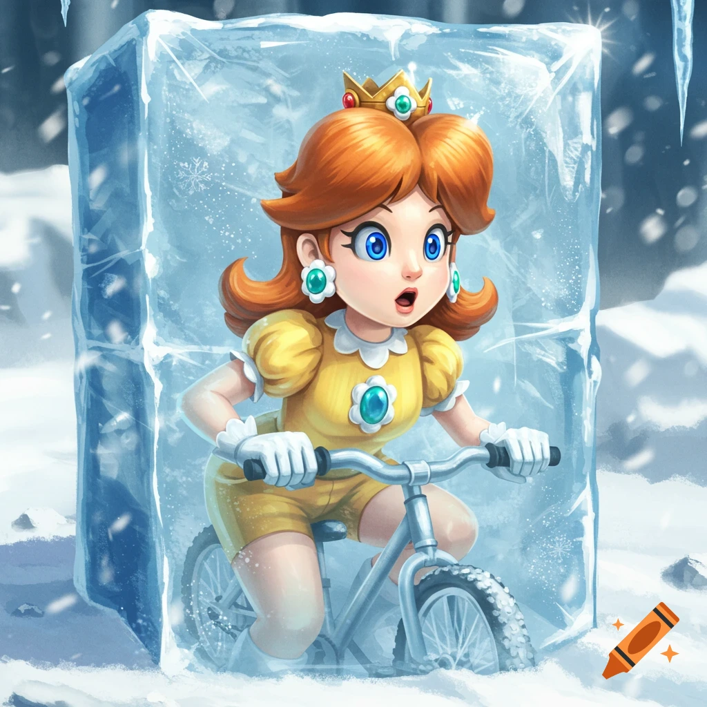 Cartoon illustration of Princess Daisy on a bicycle, frozen inside a block of ice in a snowy landscape, with a surprised expression.