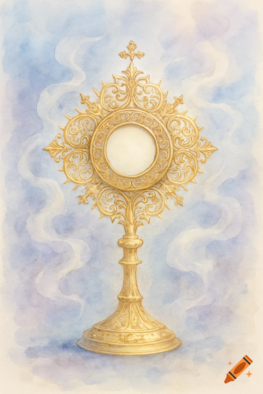 A golden monstrance with intricate scrollwork, set against a soft blue and white watercolor sky.