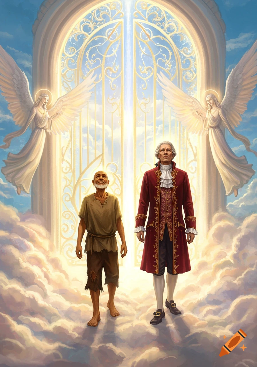 A peasant and a rich man stand on clouds before the glowing, ornate gates of heaven, flanked by two angels with white wings.