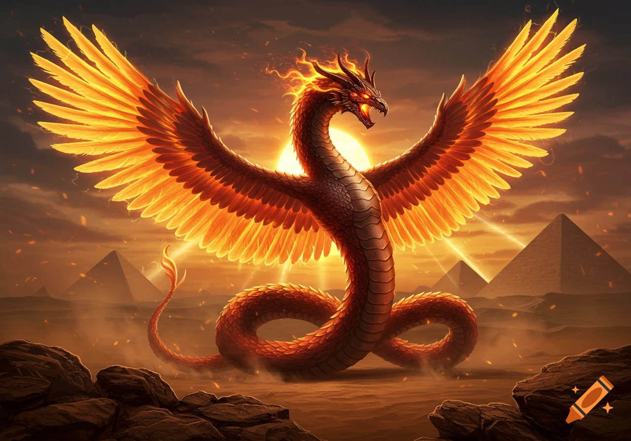 A majestic, fiery winged serpent-dragon with glowing orange wings and head stands in a desert with pyramids at sunset.