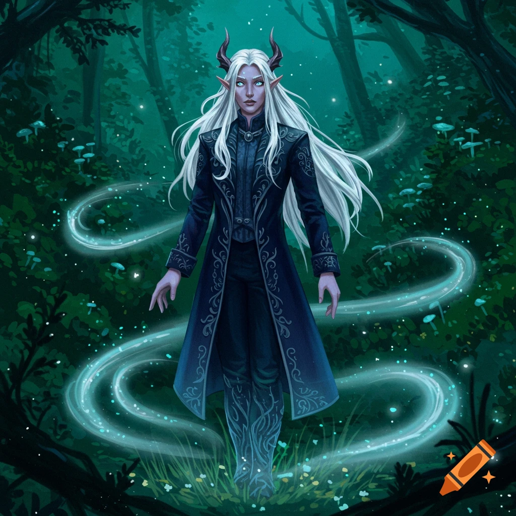 A white-haired, pale changeling with horns and glowing blue eyes, in an ornate dark blue coat, stands in an enchanted forest with swirling magic.