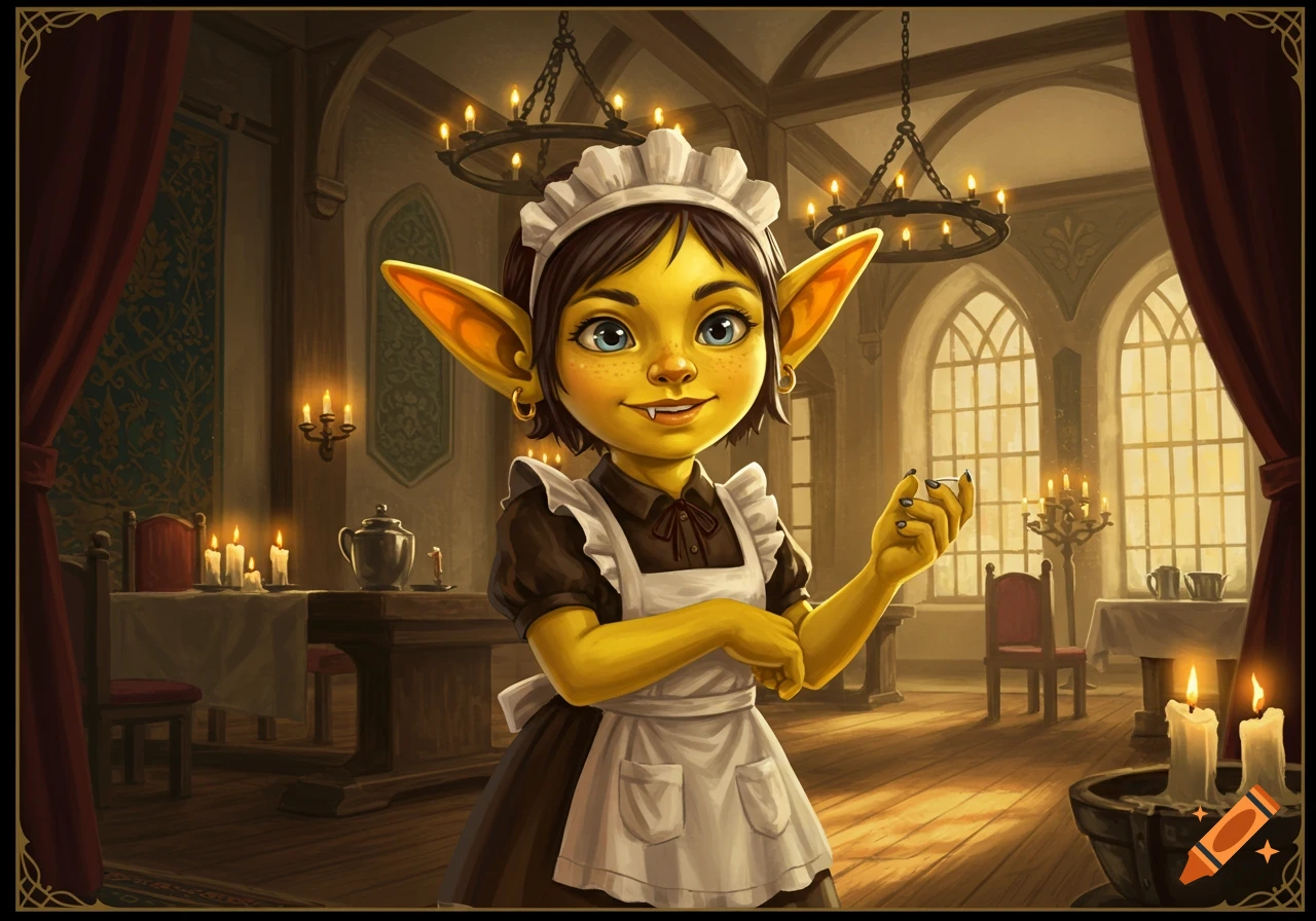 A cheerful yellow-skinned goblin maid in a fantasy maid outfit smiles in a grand candlelit room, stylized illustration.