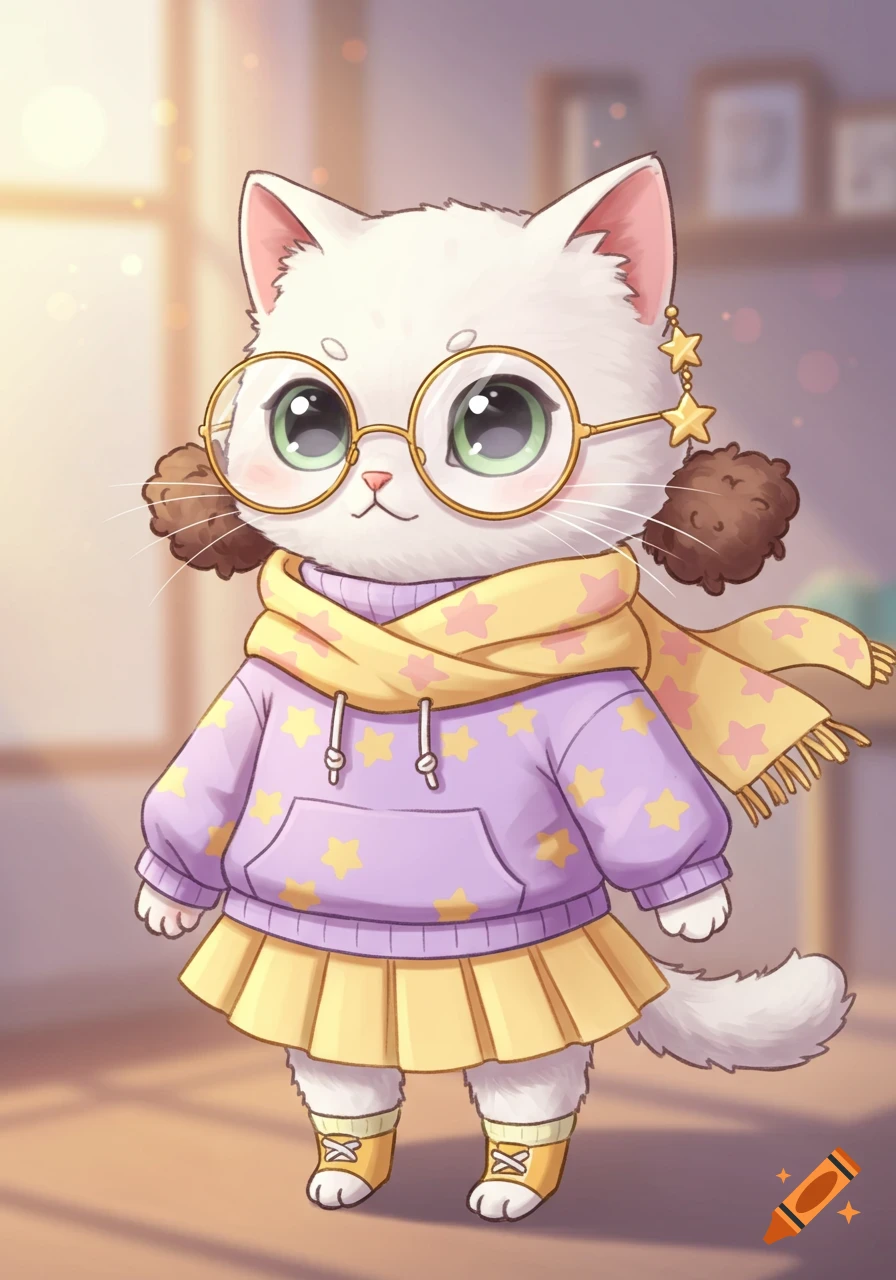 A cute cartoon white cat wearing big round glasses, a lilac star hoodie, a yellow pleated skirt, a yellow star scarf, and yellow shoes.