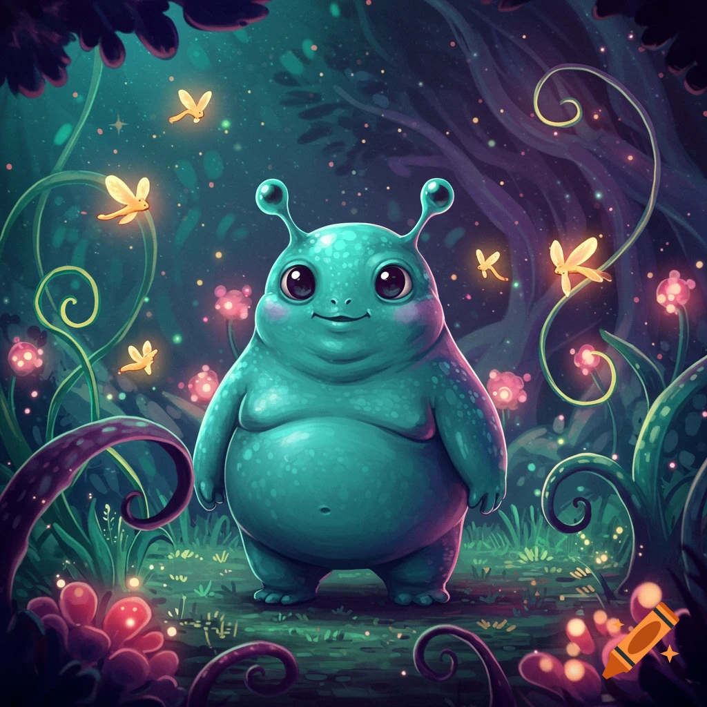 A cute, plump, teal alien with large eyes and antennae stands smiling in a magical, dark forest with glowing pink flowers and fireflies, in a vibrant illustration style.
