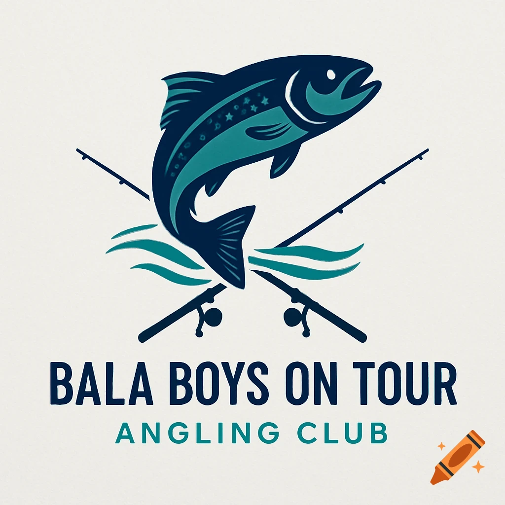 Logo of a dark blue fish jumping over crossed fishing rods, with text "Bala Boys On Tour Angling Club" below.