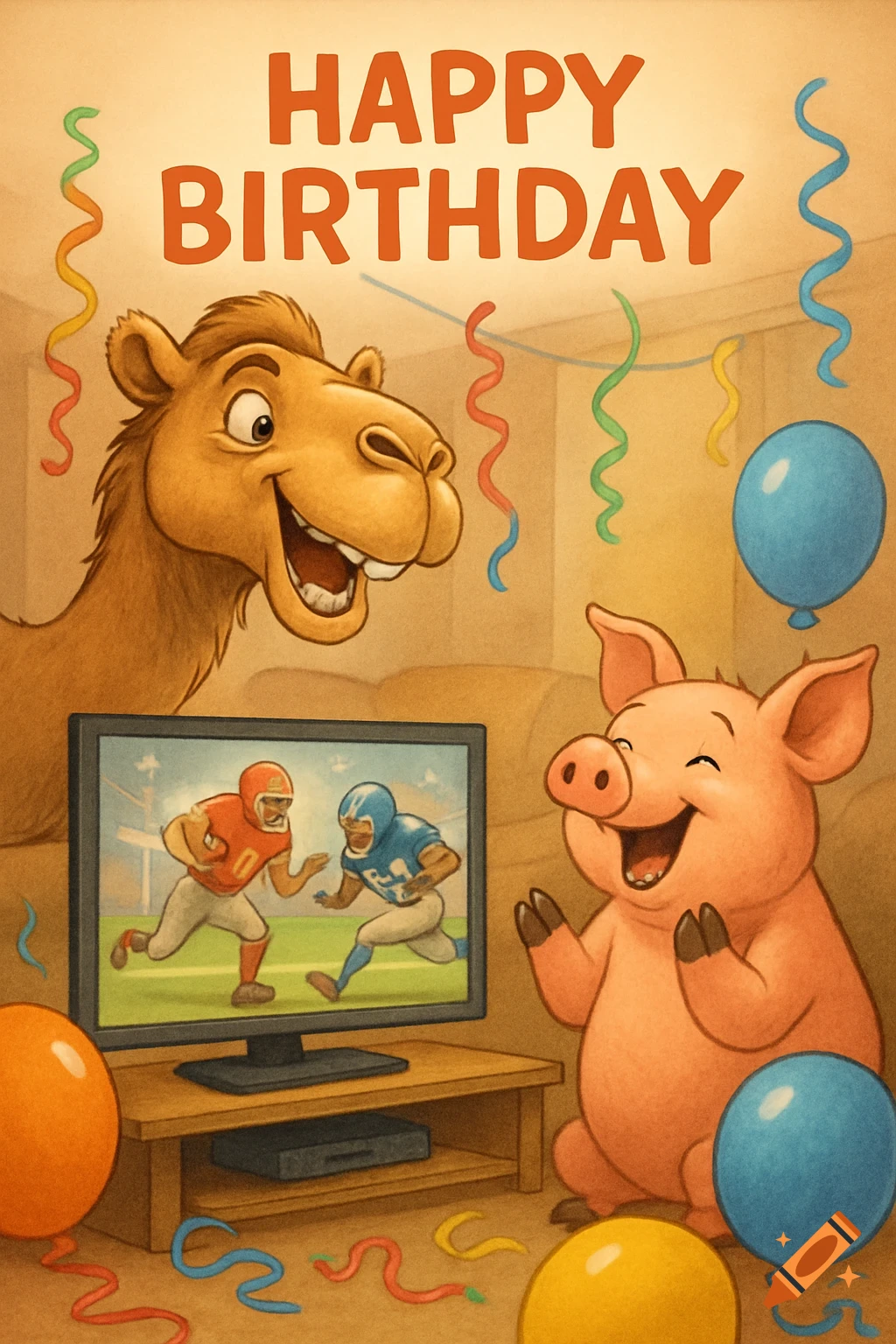 A happy birthday cartoon card showing a camel and a pig watching an American football game on TV, with balloons and streamers.