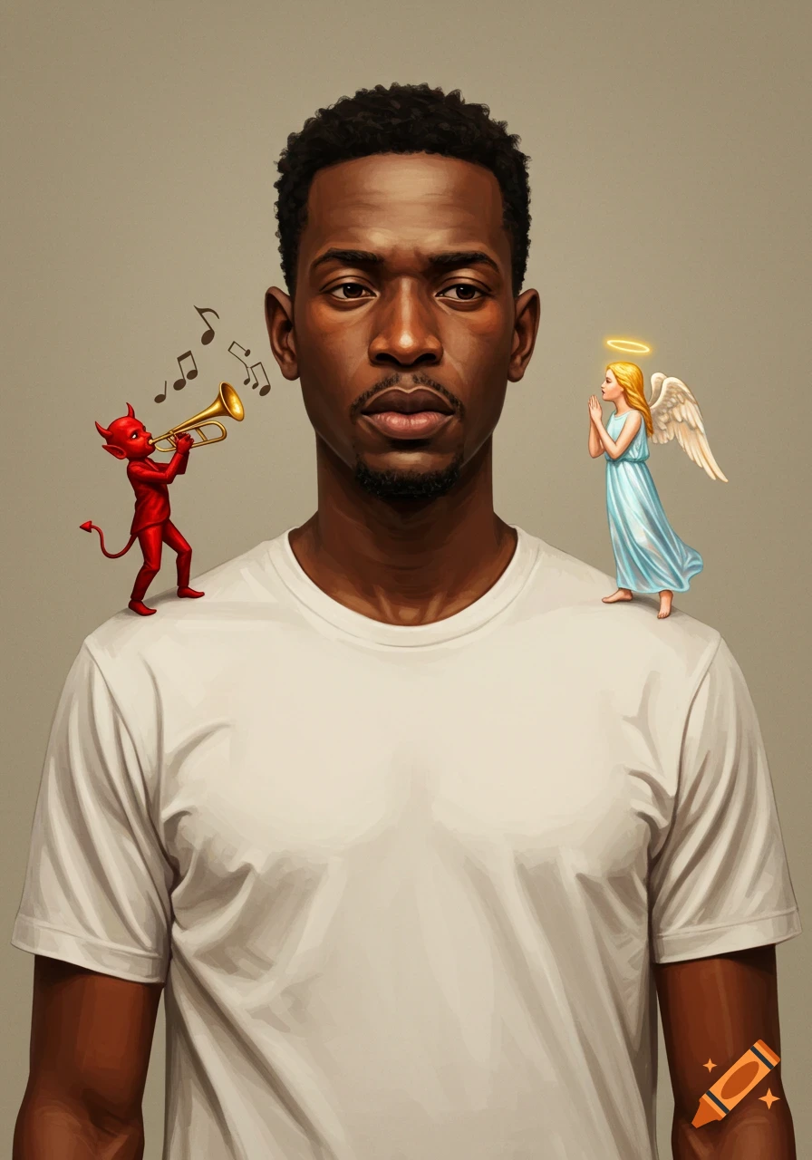 Illustrative portrait of a man with a red devil playing a trumpet and an angel praying on his shoulders.