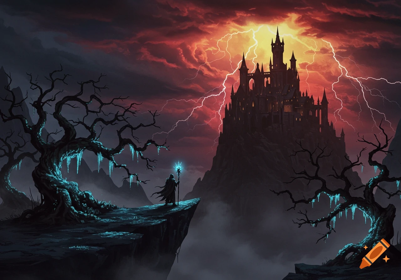 Dark fantasy art of a wizard on a cliff facing a menacing castle under a lightning-filled red sky with eerie, icy trees.