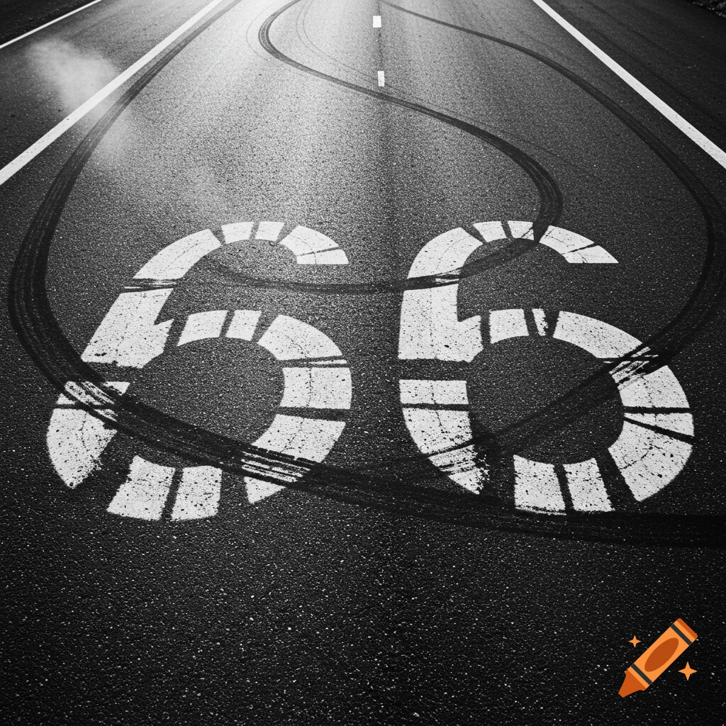 Photorealistic black and white image of tire markings on asphalt forming the number 66 on a road.