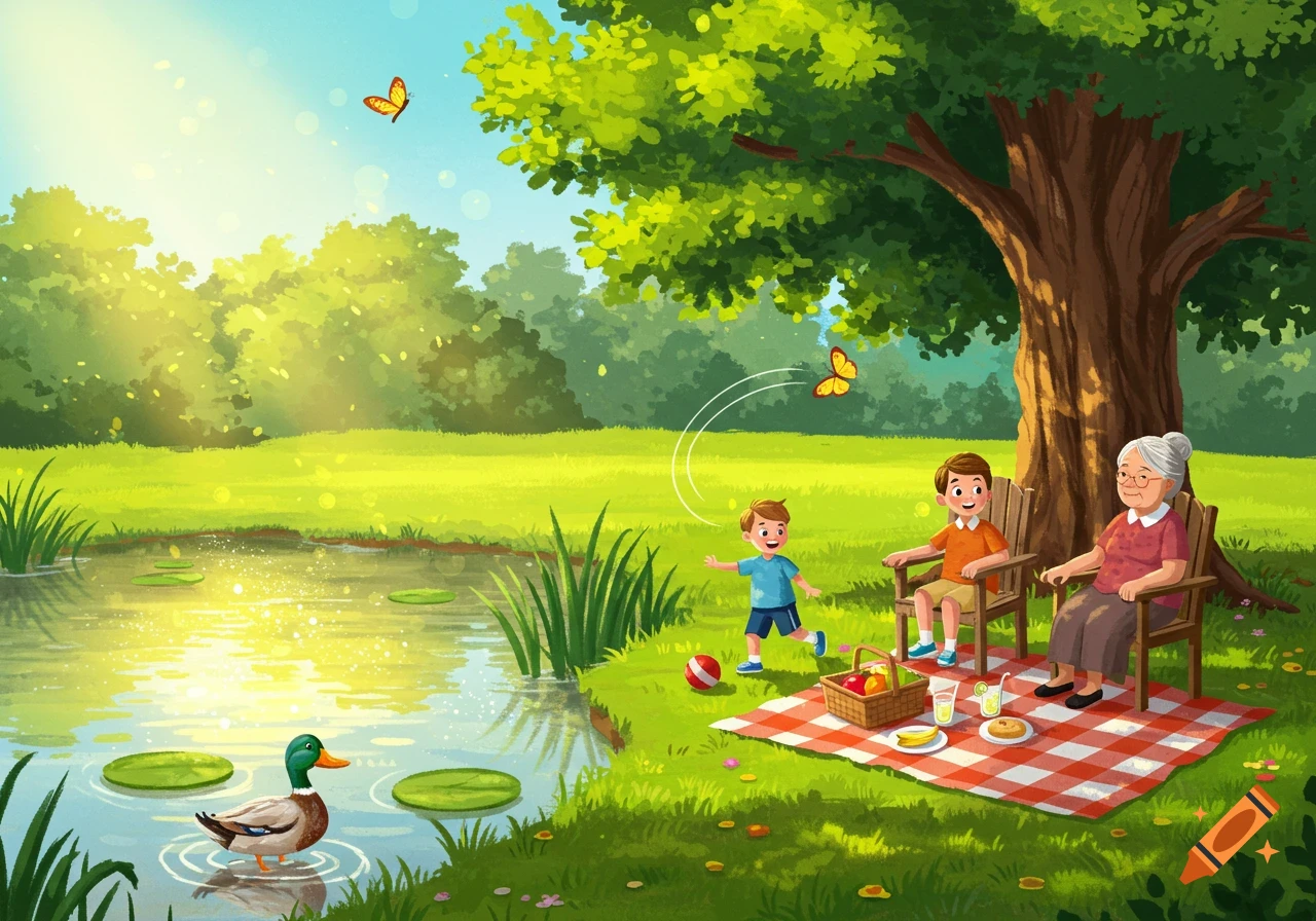 A colorful illustration of a family picnic by a pond with a duck, two boys, and a grandmother under a large tree.