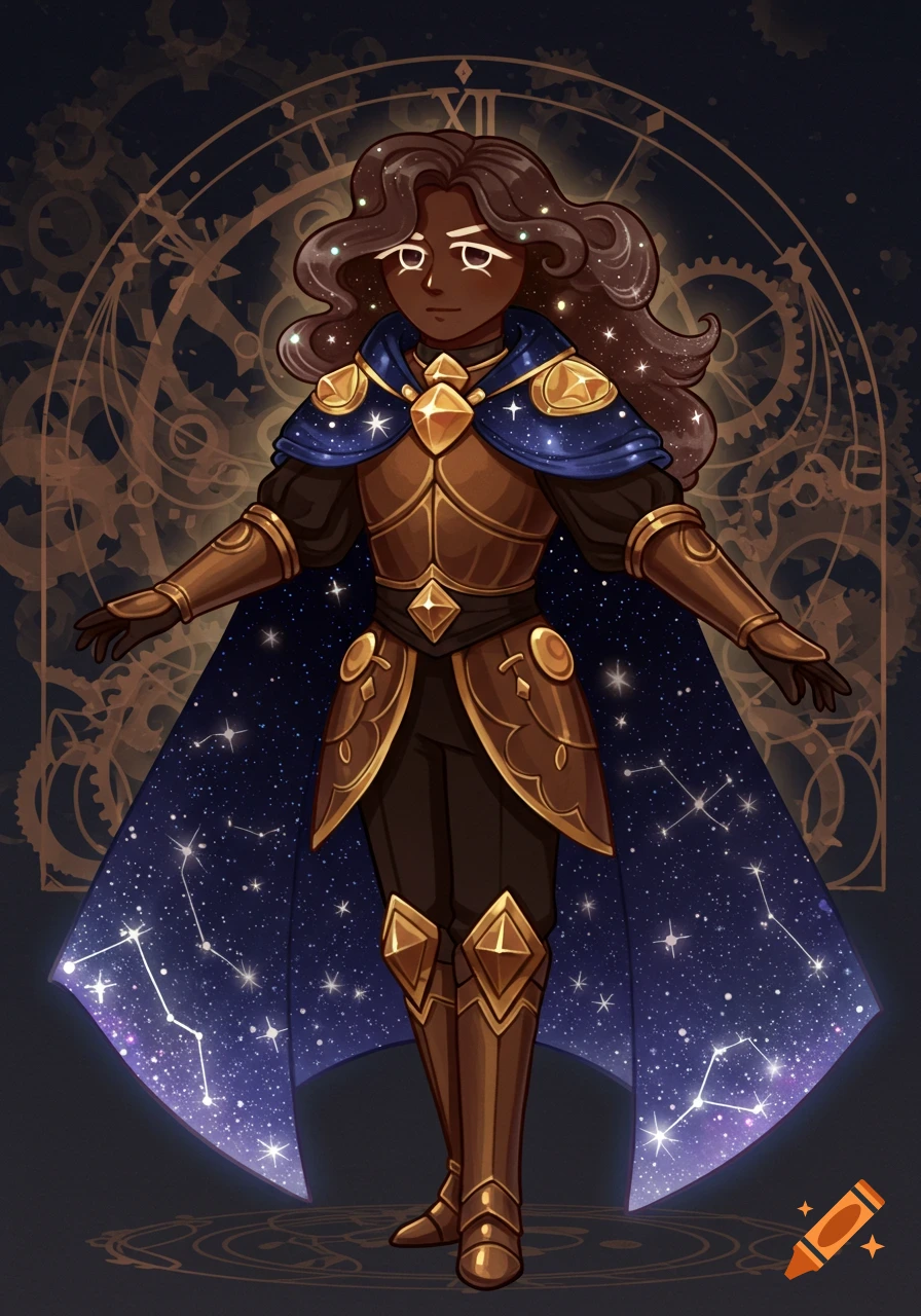 A dark-skinned, long-haired fantasy character in golden armor and a starry blue cape stands before a clockwork background.