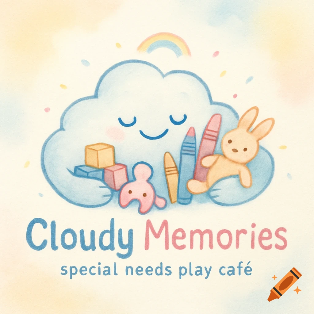 A soft, pastel watercolor logo for 'Cloudy Memories special needs play café' featuring a smiling cloud holding toys, crayons, and a bunny.