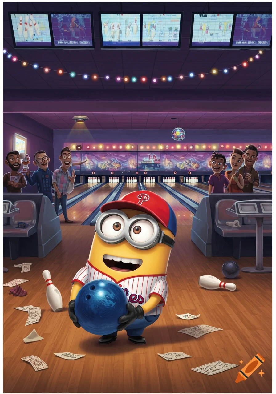 A yellow Minion in a Phillies baseball jersey and cap holds a blue bowling ball in a cartoon bowling alley with people in the background.