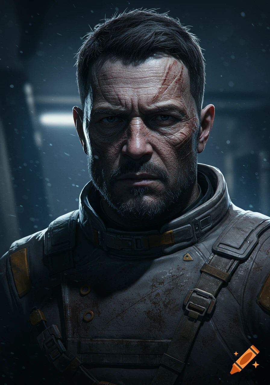 Realistic portrait of a grim man with facial scars and a beard, wearing a worn sci-fi colonist uniform in cinematic lighting.