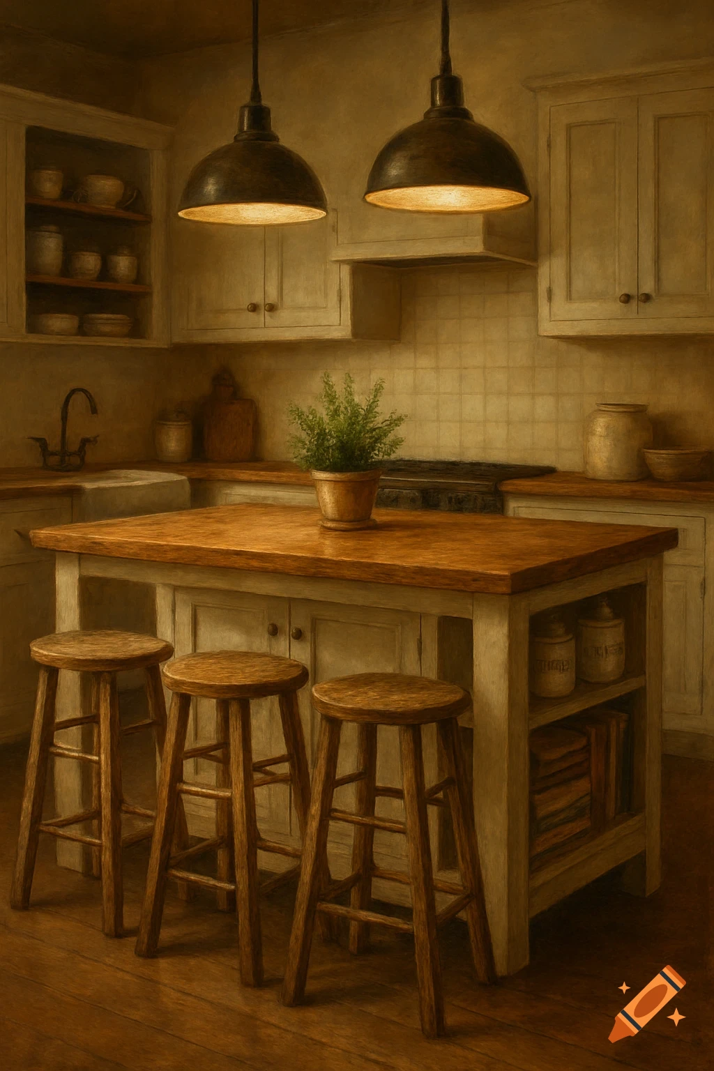 Cozy farmhouse kitchen with a wooden island, three bar stools, pendant lights, and a potted plant, in a painterly style.