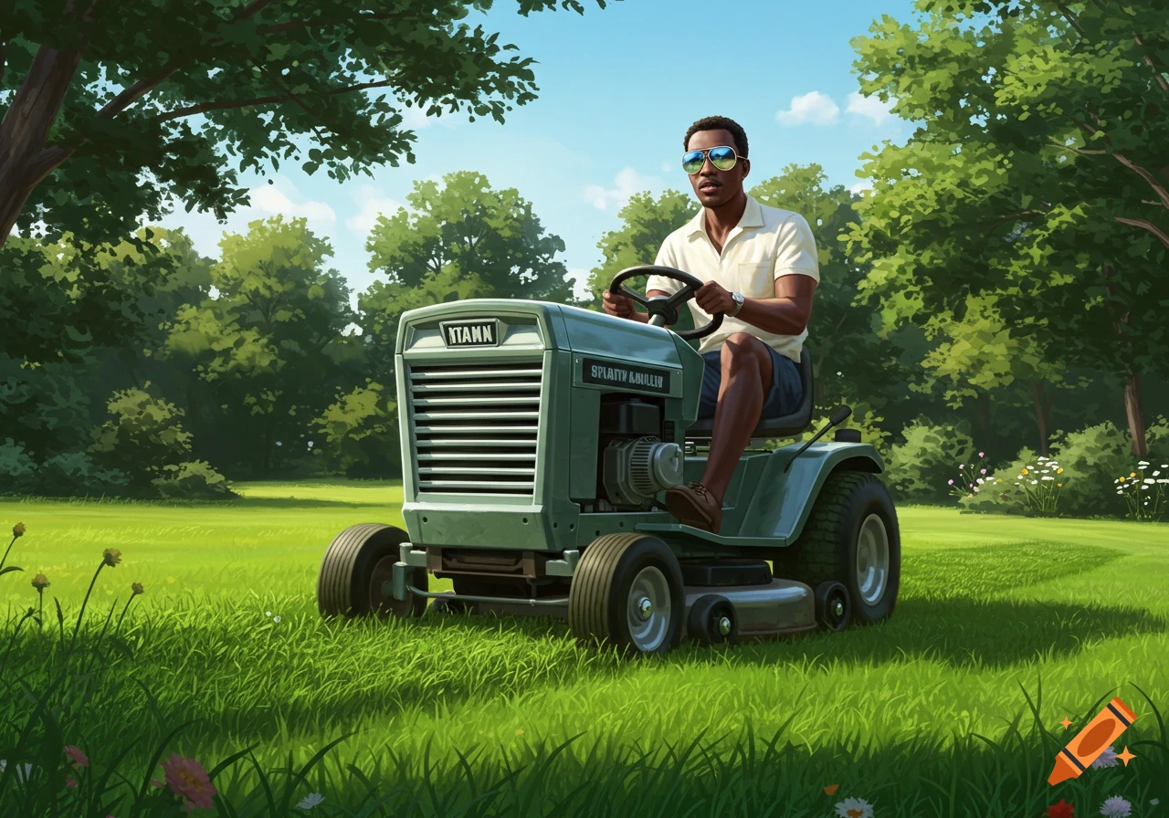 A man wearing sunglasses drives a riding lawnmower across a lush green yard under a bright blue sky, in an illustrative style.