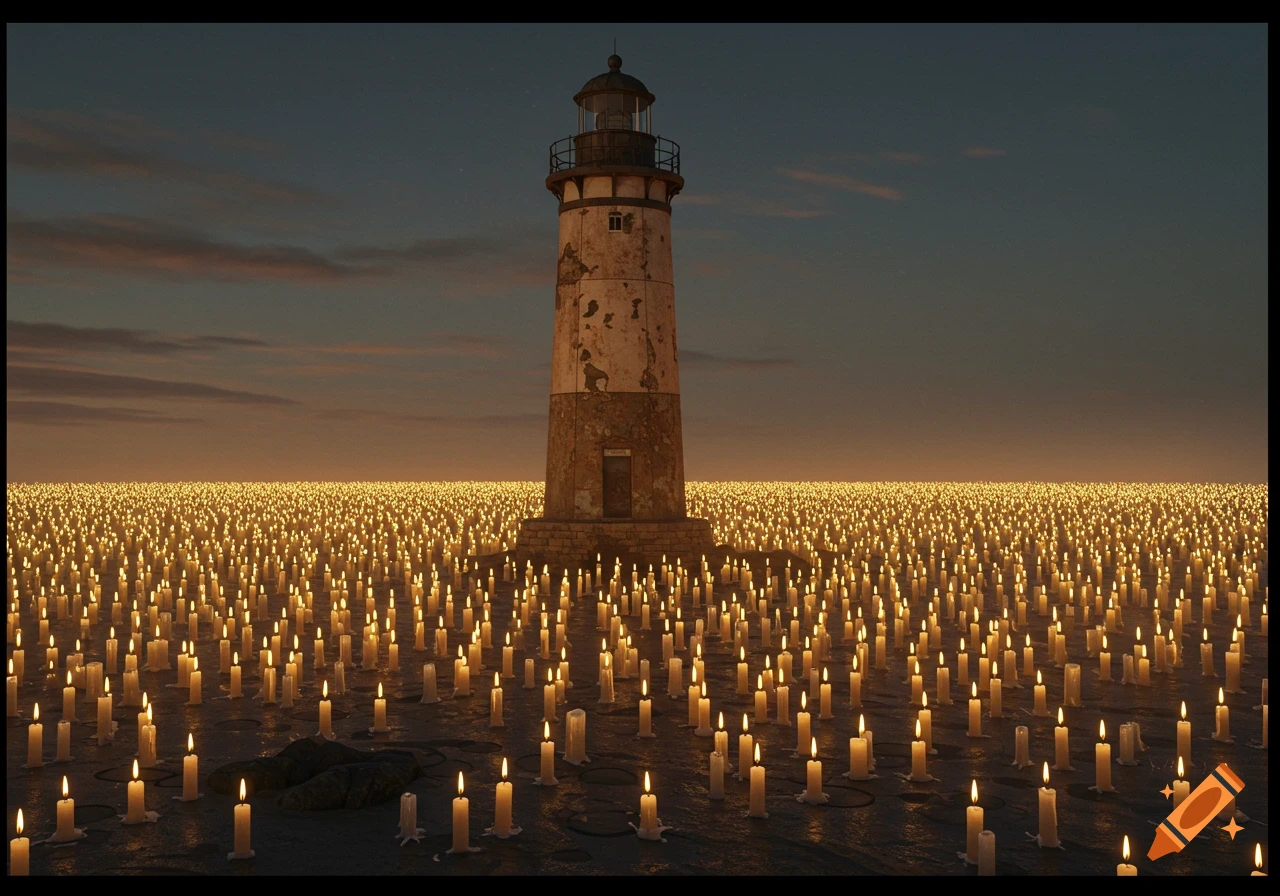 A photorealistic image of an old lighthouse standing amidst a vast field of lit candles at dusk, under a starry sky.