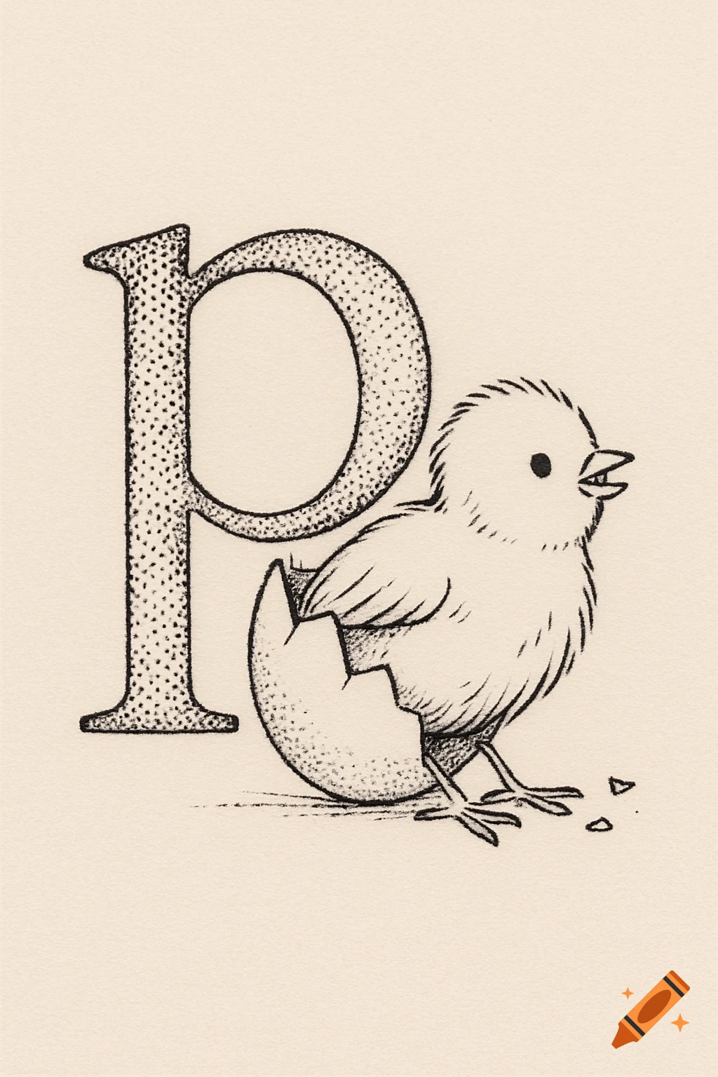 Stylized black and white illustration of a baby chick hatching from a dotted letter P.