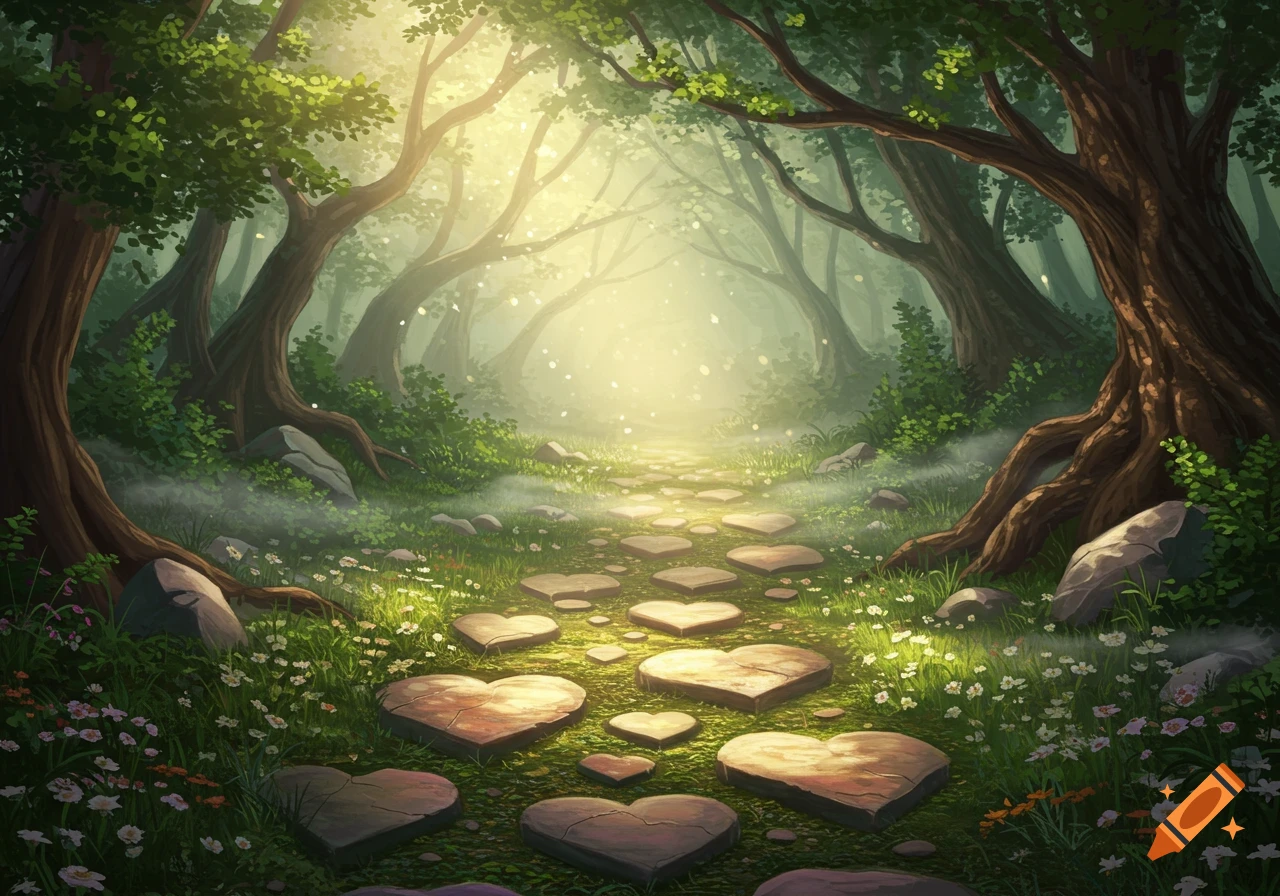 A whimsical path of heart-shaped stones leads through a magical, glowing forest towards a bright light.