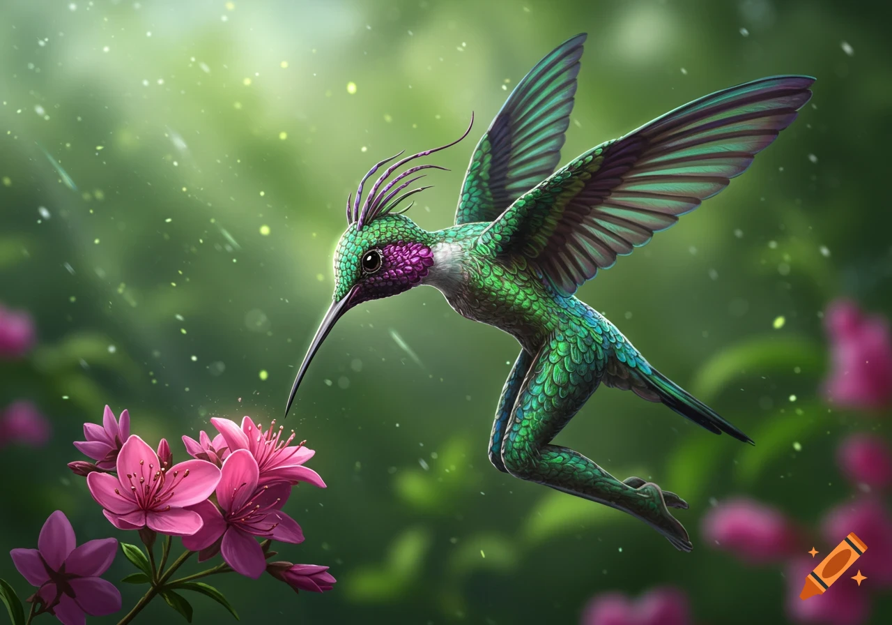 A vibrant green and purple human-hummingbird hybrid with human legs hovers near pink flowers in a lush, luminous forest.