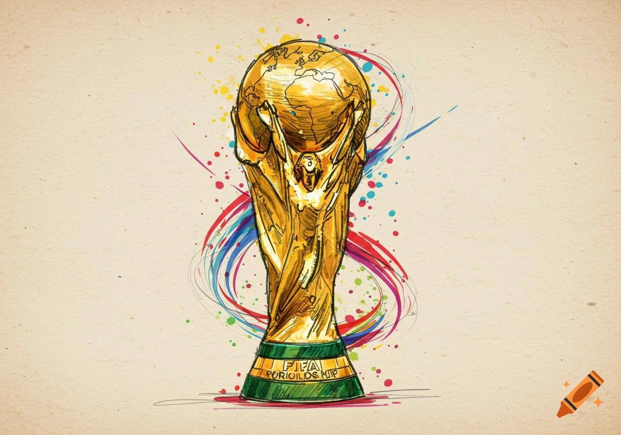 Colorful sketch of the FIFA World Cup trophy with paint splatters on a textured background.