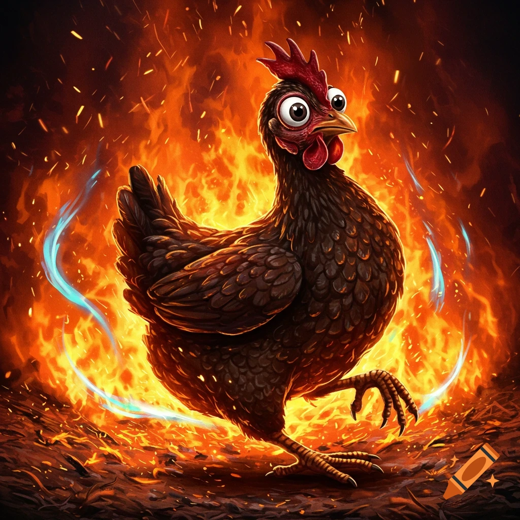 A cartoonish dark chicken with wide white eyes stands in a vibrant wildfire, looking surprised, with blue magical streaks.