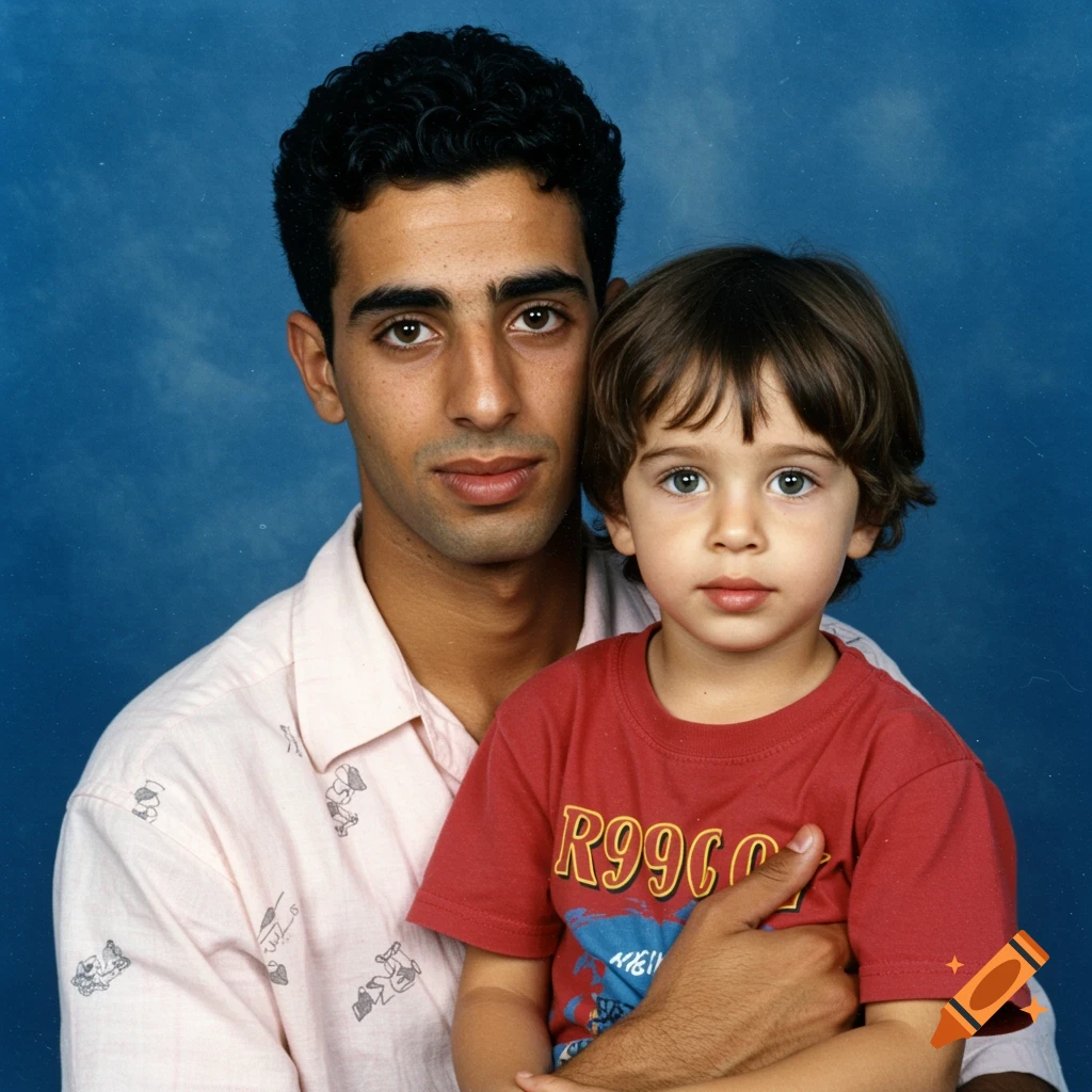 A young Middle Eastern man holds a small boy with green eyes and brown hair, both looking at the camera against a blue background.