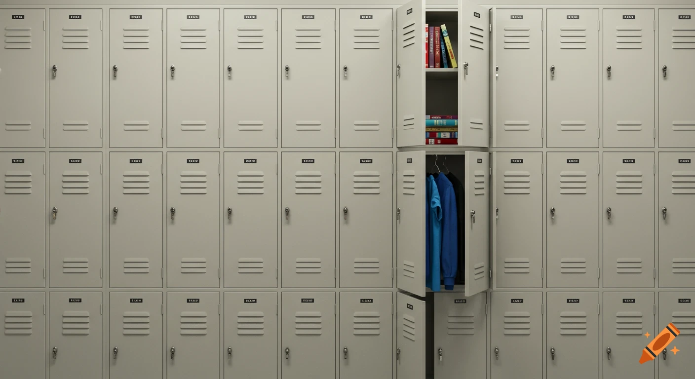A flat wall of light gray high school lockers, two open to reveal books and blue clothing inside. Photorealistic.