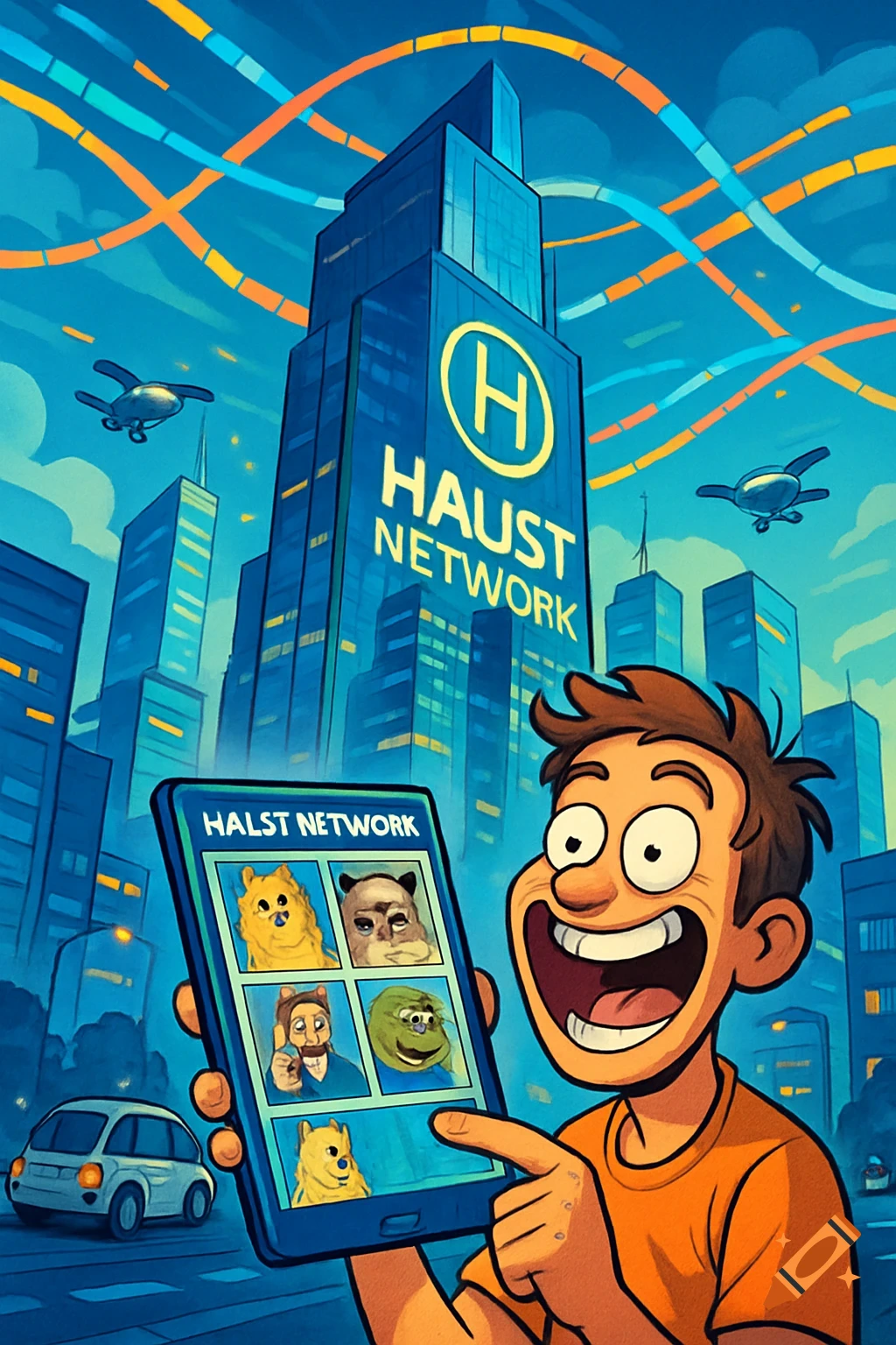 Cartoon man holding a smartphone showing various meme faces, in front of a blue skyscraper with 'HAUST NETWORK' logo.