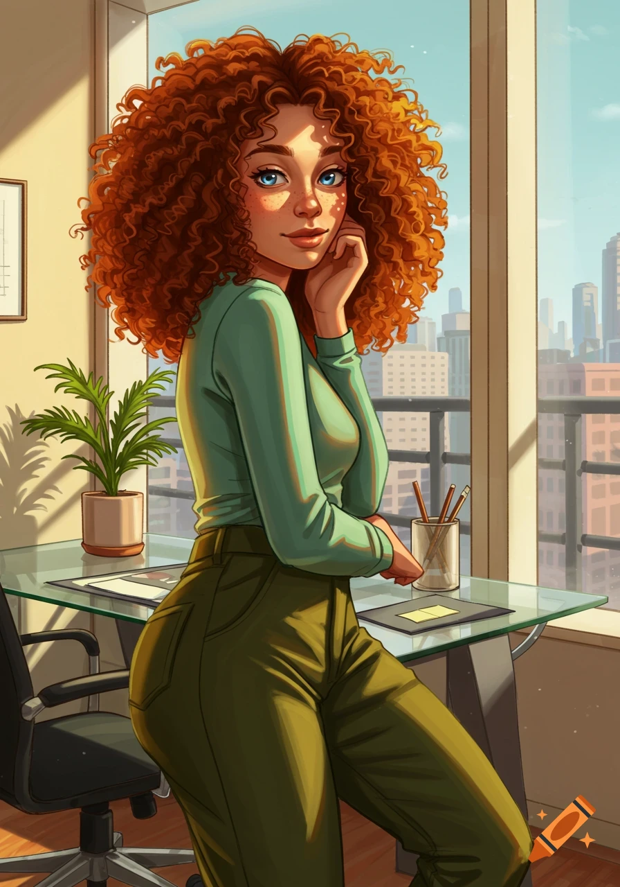 Illustrated red-haired woman with curly hair and blue eyes, wearing green, in a sunny office overlooking a city.