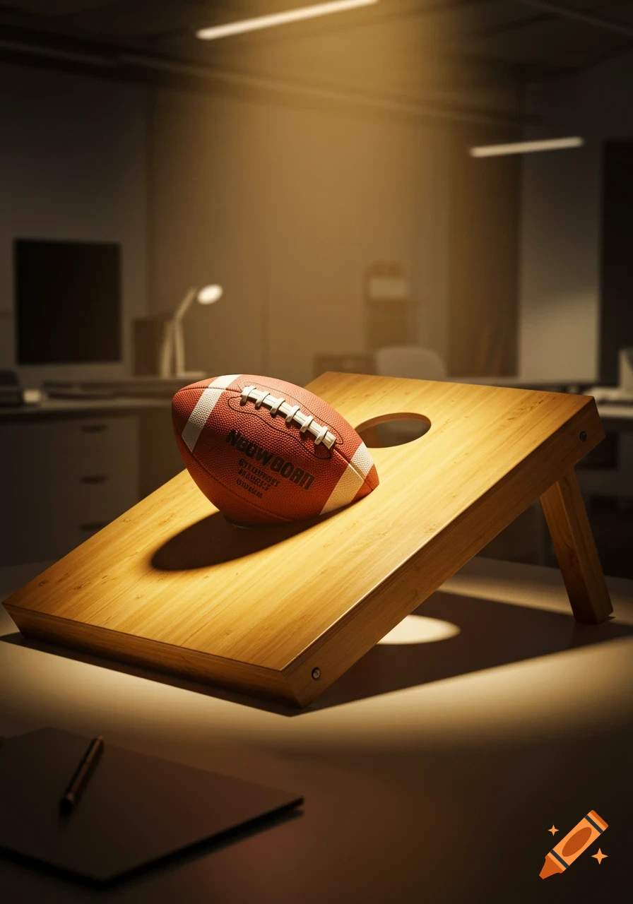 A football rests on a wooden cornhole board on a desk in a dimly lit office, photorealistic style.