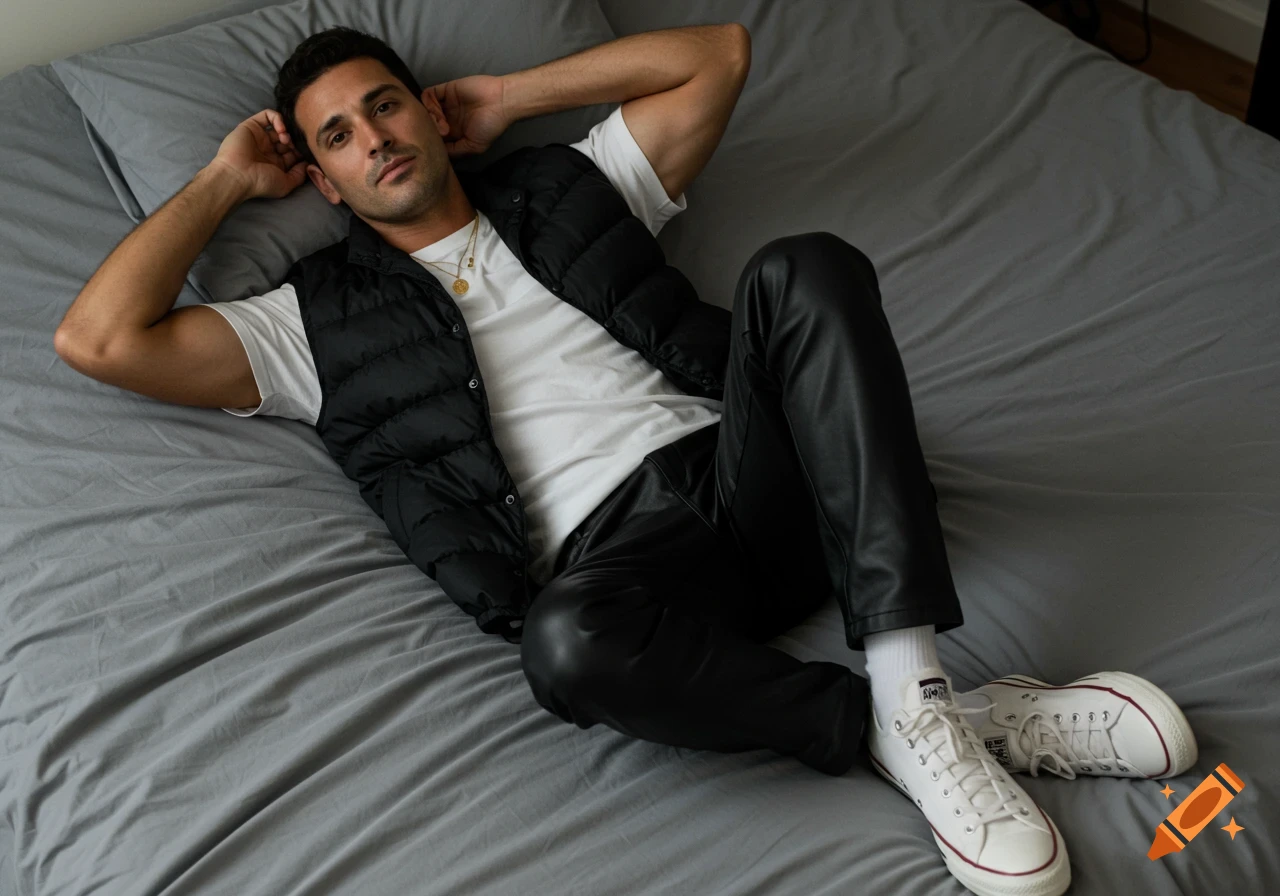 A man with dark hair and tan skin lies on a gray bed, wearing a white t-shirt, black vest, black leather pants, and white sneakers.