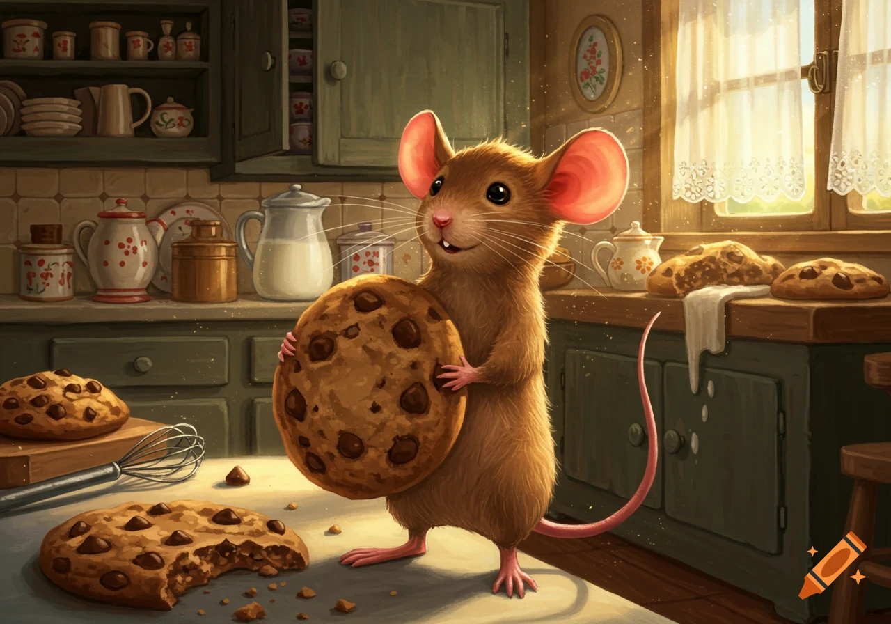 A cute brown mouse holds a large chocolate chip cookie in a cozy kitchen filled with other cookies and baking supplies, in a warm, illustrative style.