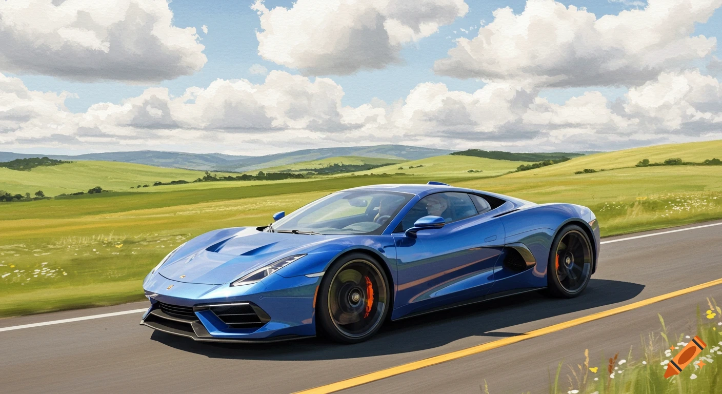 A blue supercar drives on a highway through a green, hilly landscape under a cloudy sky, in a watercolor art style.