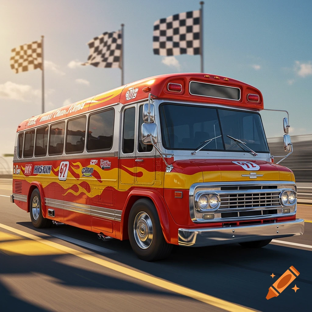 A red and yellow jitney bus with flames and racing number 92 on a track with checkered flags, in a vintage style.