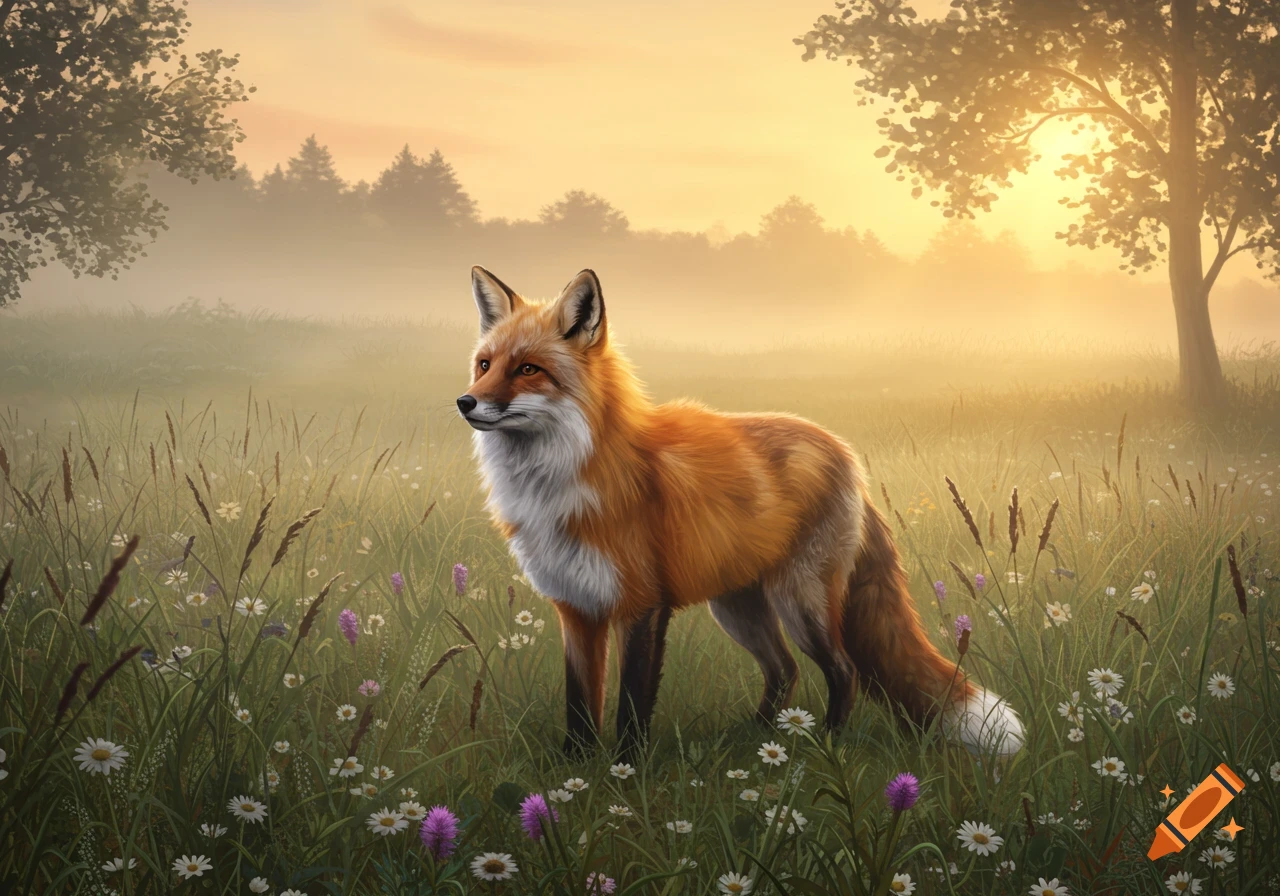 A majestic red fox stands in a vibrant green field filled with wildflowers, with misty trees in the background during sunrise.