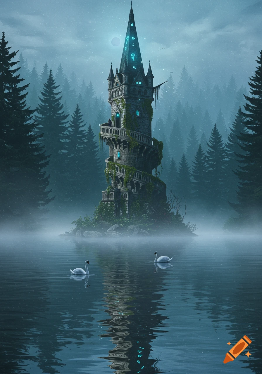 A tall, ivy-covered wizard tower with glowing blue runes stands on a small island in a misty lake, with two white swans.