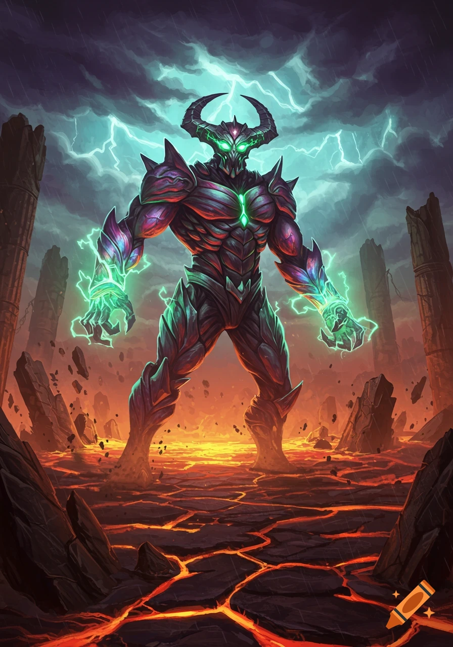 A horned monster with glowing green energy stands in a volcanic, stormy landscape.