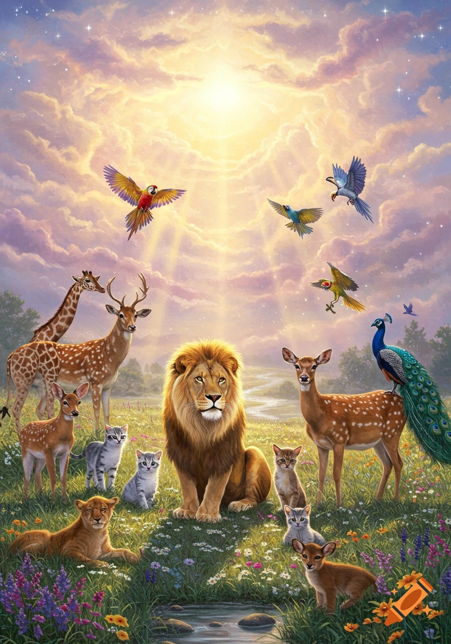 A vibrant illustration of a lion, giraffe, deer, cats, and birds peacefully gathered in a lush, flower-filled meadow under a bright, ethereal sky.