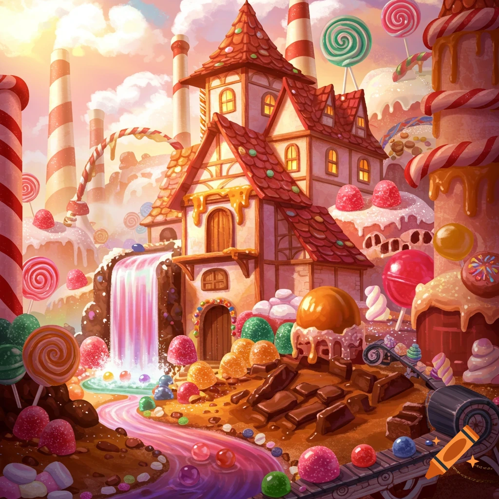 A vibrant cartoon candy factory with a gingerbread house, candy waterfall, chocolate river, and lollipop trees under a colorful sky.