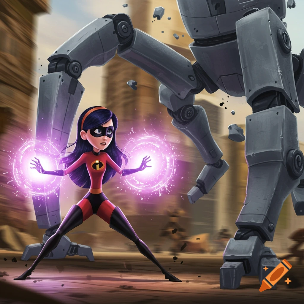 Violet from The Incredibles uses purple psychic powers in a damaged city, fighting a giant robot leg in digital art style.