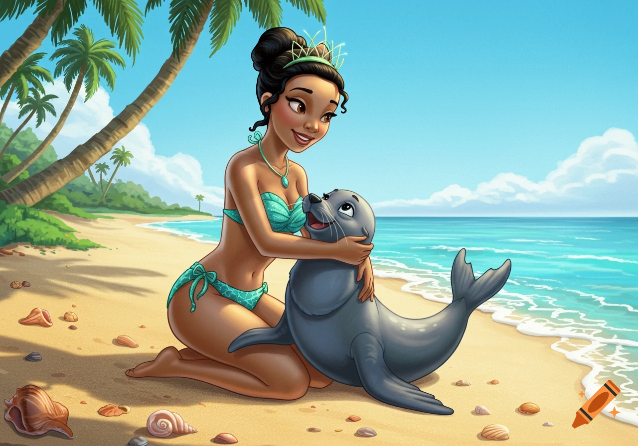 Cartoon Princess Tiana in a teal bikini hugging a grey seal on a sunny beach with palm trees and ocean.
